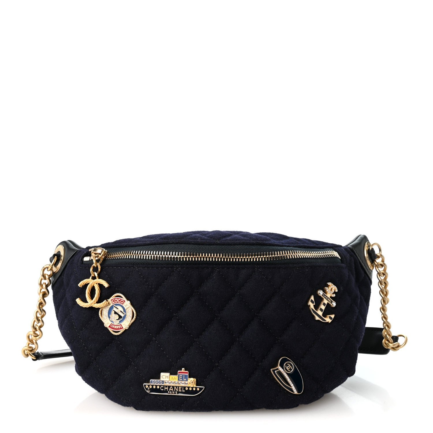 Chanel Wool Lambskin Quilted Paris Hamburg Charms Waist Bag Dark Navy