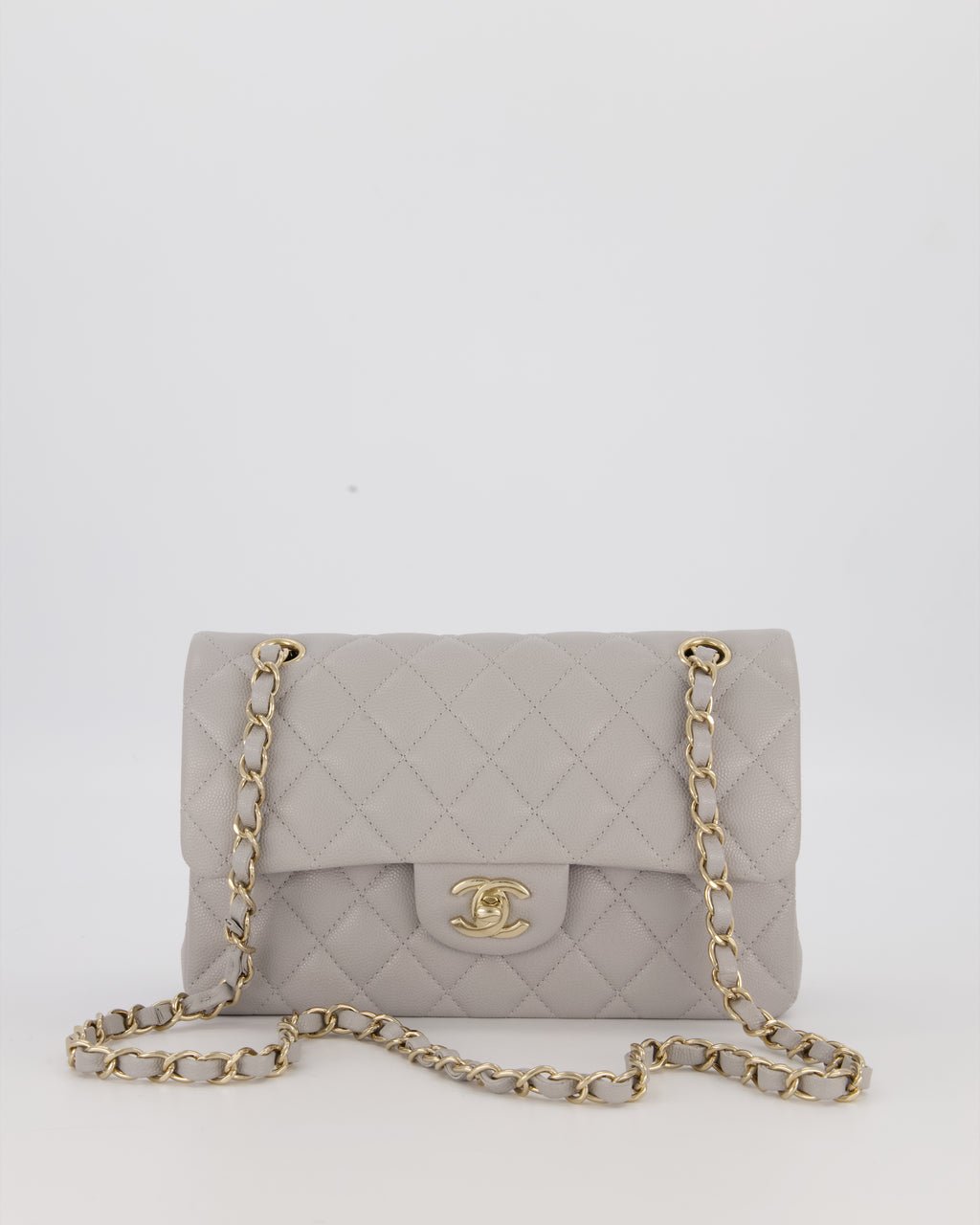 Chanel Light Grey Small Classic Double Flap Bag in Caviar Leather with Champagne Gold Hardware