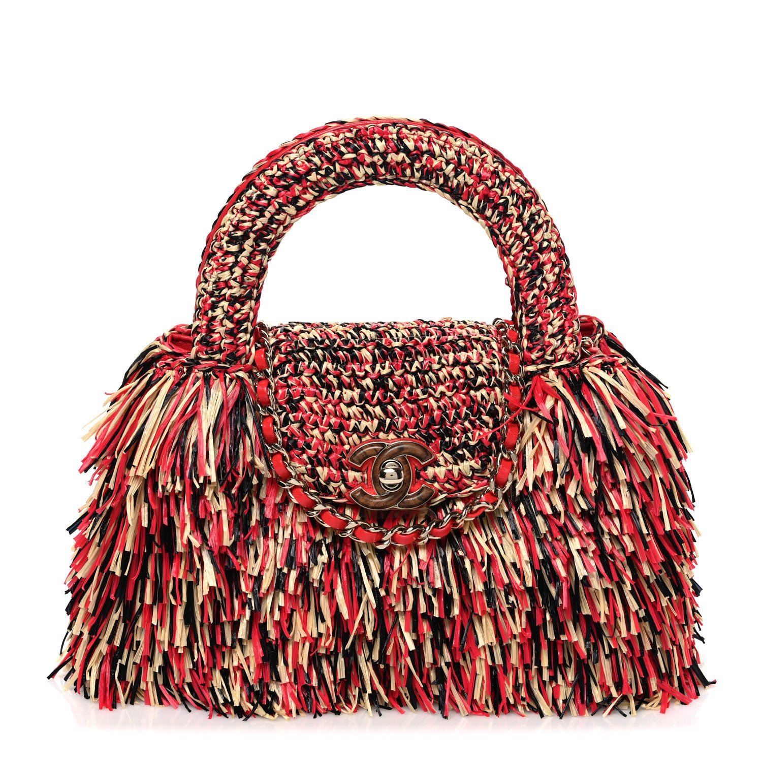 Chanel Raffia Fringe Nano Kelly Shopper Red Beige Black