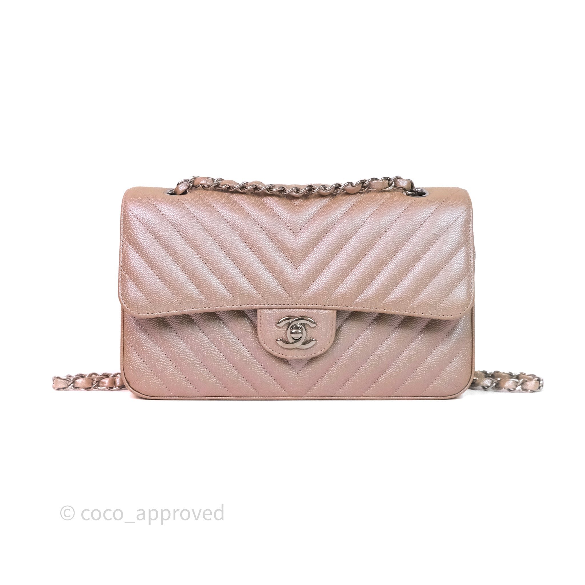 Chanel M/L Medium Classic Flap Chevron Iridescent Rose Gold Caviar Silver Hardware