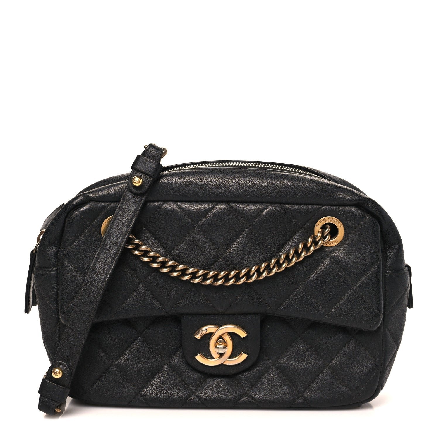 Chanel Sheepskin Quilted Trapezio Camera Case Black