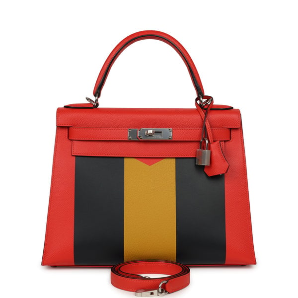 Hermes Hermes Kellygraphie Kelly Sellier 28 "Lettre M" Capucine, Bleu Obscur, Jaune Ambre Epsom, Sombrero, Chevre Mysore Palladium Hardware