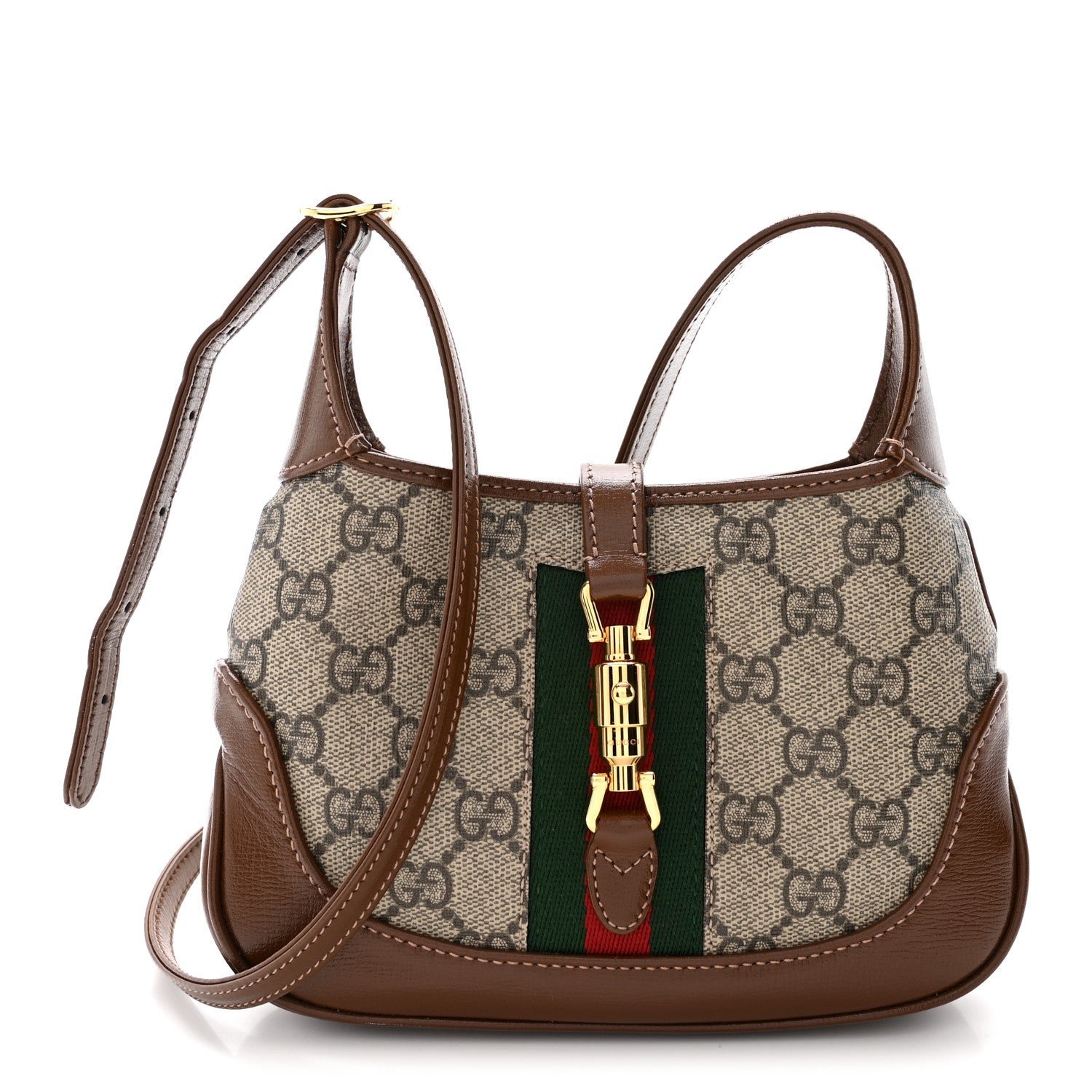 Gucci GG Supreme Monogram Azalea Calfskin Web Mini Jackie 1961 Hobo Beige Ebony Brown Sugar