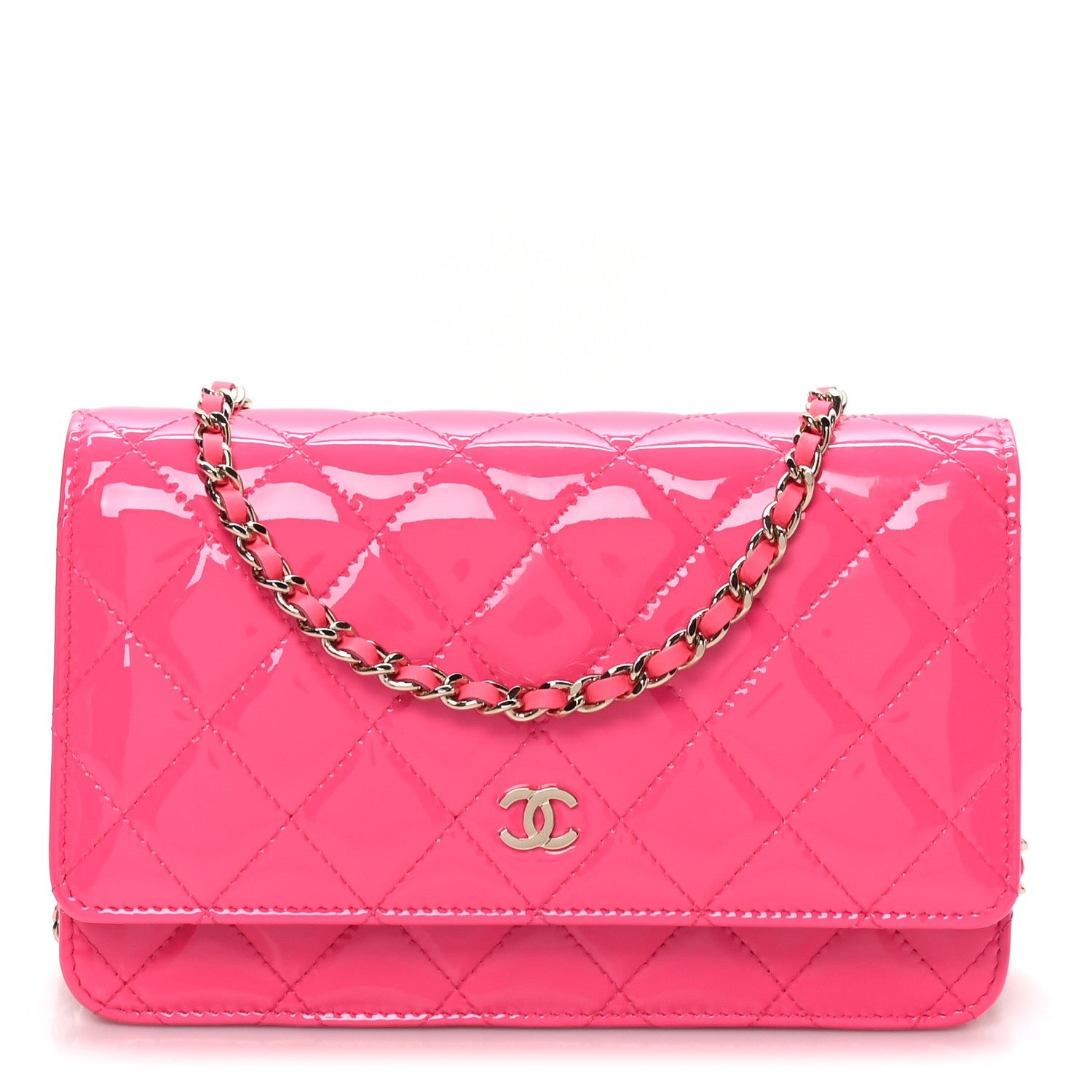 Chanel Patent Calfskin Quilted Wallet On Chain WOC Pink