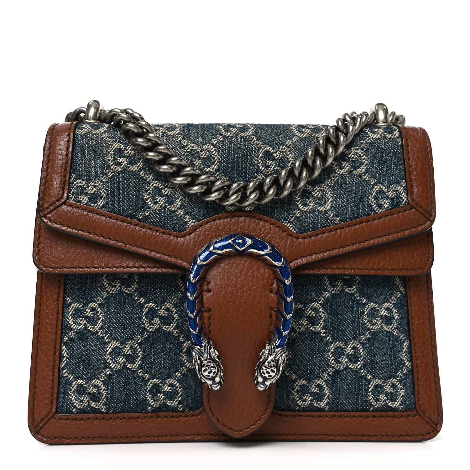 Gucci New Denim GG Monogram Dollar Calfskin Enamel Mini Dionysus Shoulder Bag Blue Tea Cuir Epilog Electric Blue