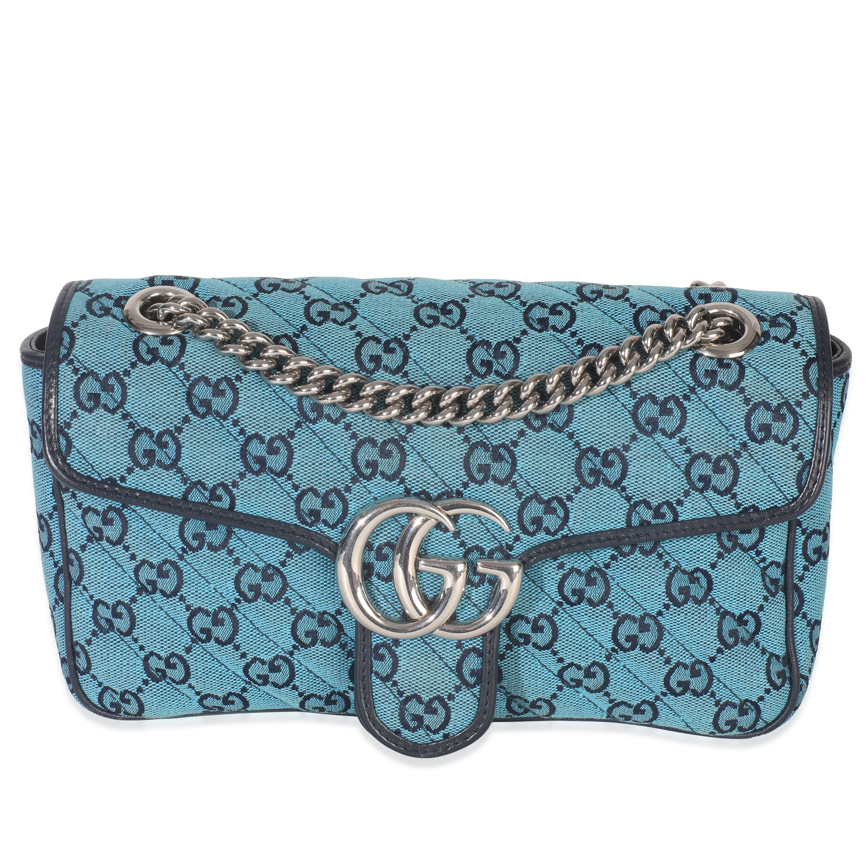 Gucci Blue Matelasse Canvas Diagonal Small GG Marmont Shoulder Bag