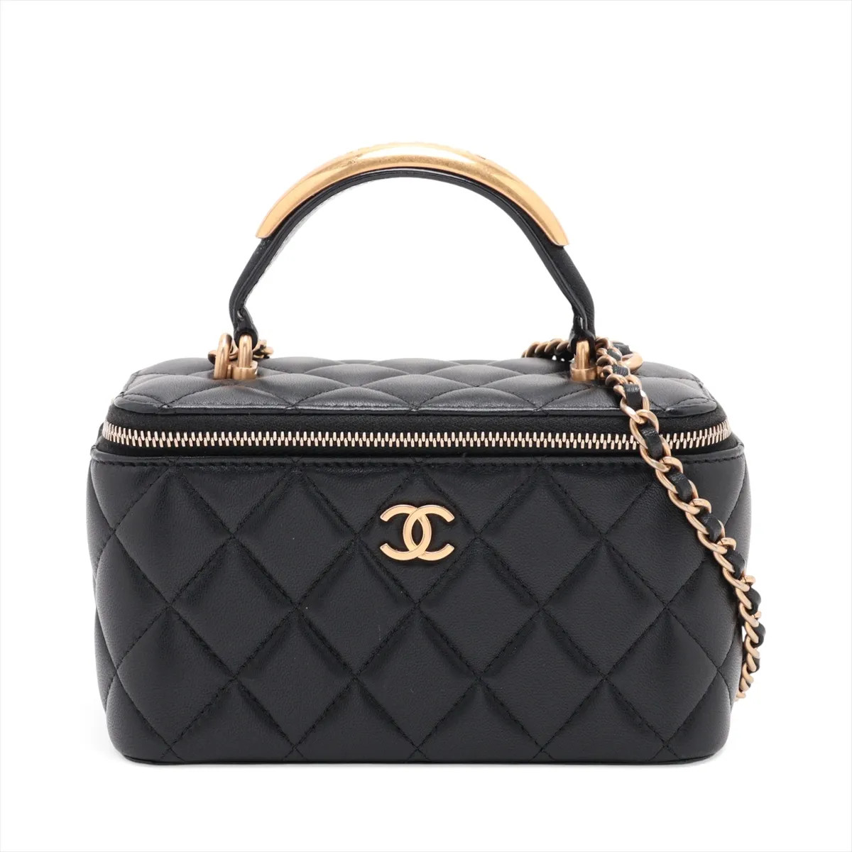 Chanel Matelasse Lambskin Chain Shoulder Bag Vanity Black Gold Metal Fittings ra