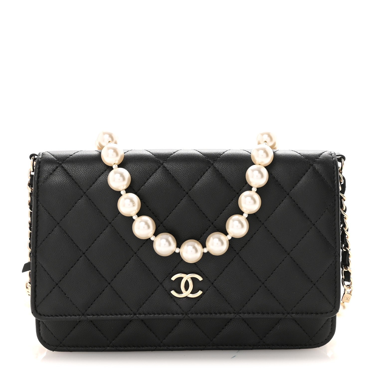 Chanel Lambskin Quilted Pearl Wallet On Chain WOC Black