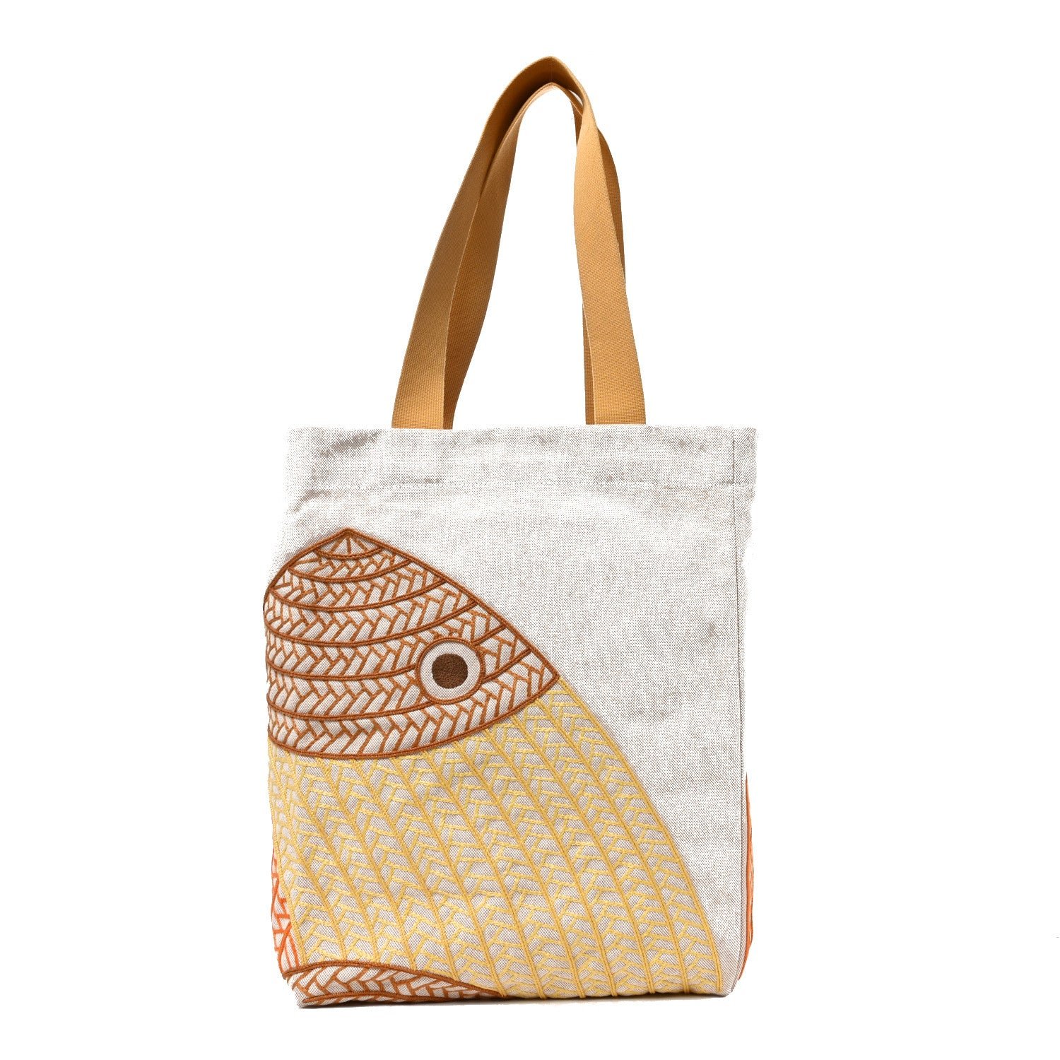 Hermes H Canvas Embroidered Poisson Natte Beach Bag Camel Jaune