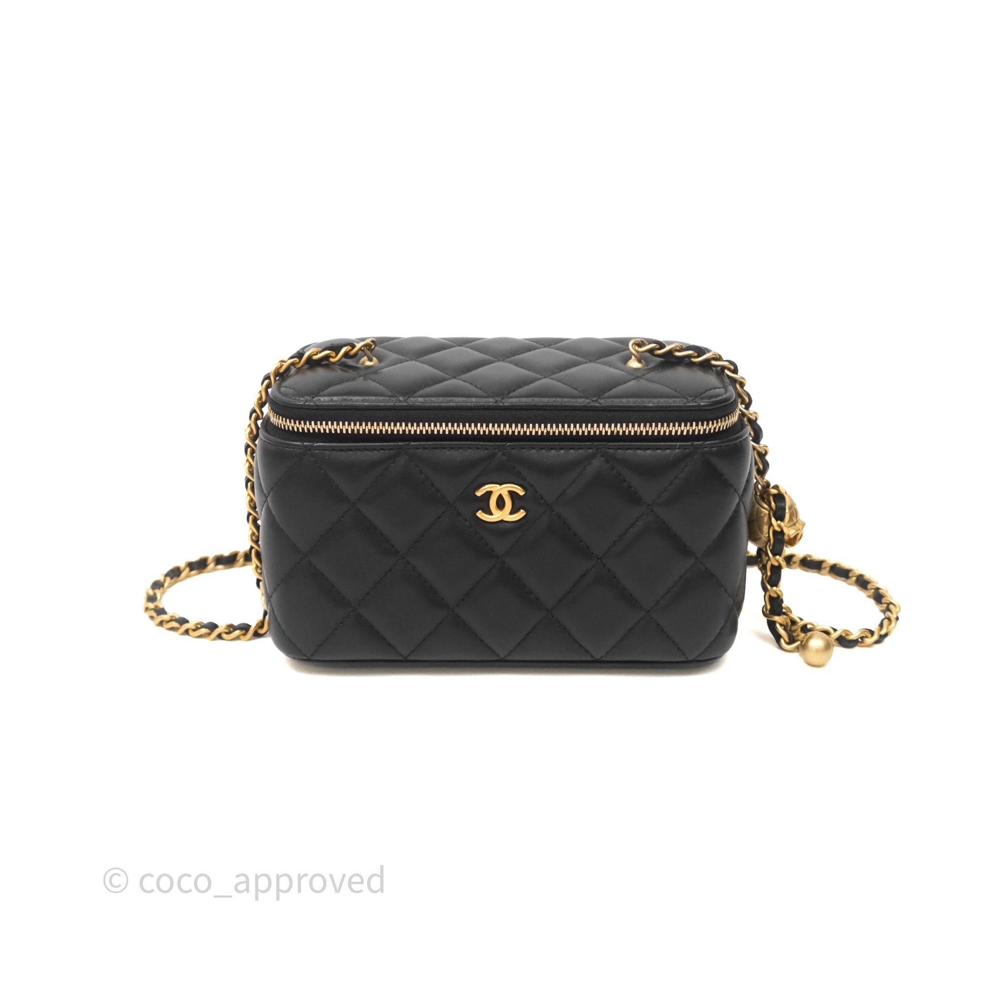 Chanel Pearl Crush Vanity With Chain Black Lambskin Aged Gold Hardware