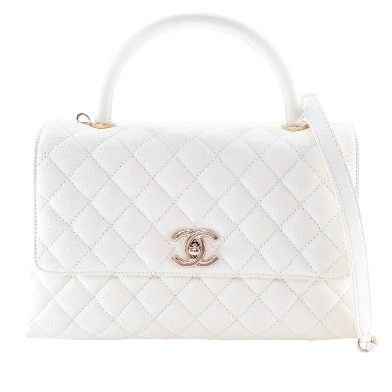 Chanel White Quilted Caviar Medium Coco Top Handle Flap Bag Pale Gold Hardware, 2021