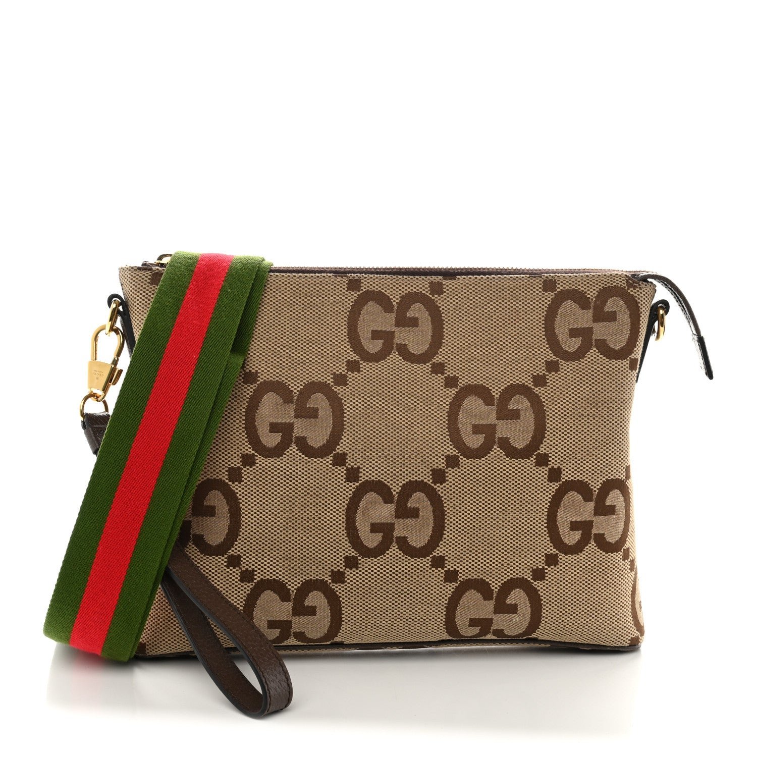 Gucci Monogram Jumbo GG Textured Dollar Calfskin Web Wristlet Messenger Bag Camel Ebony New Acero