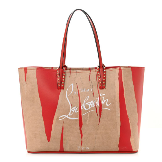 Christian Louboutin Calfskin Spikes Loubi Print East West Cabata Tote Kraft Red
