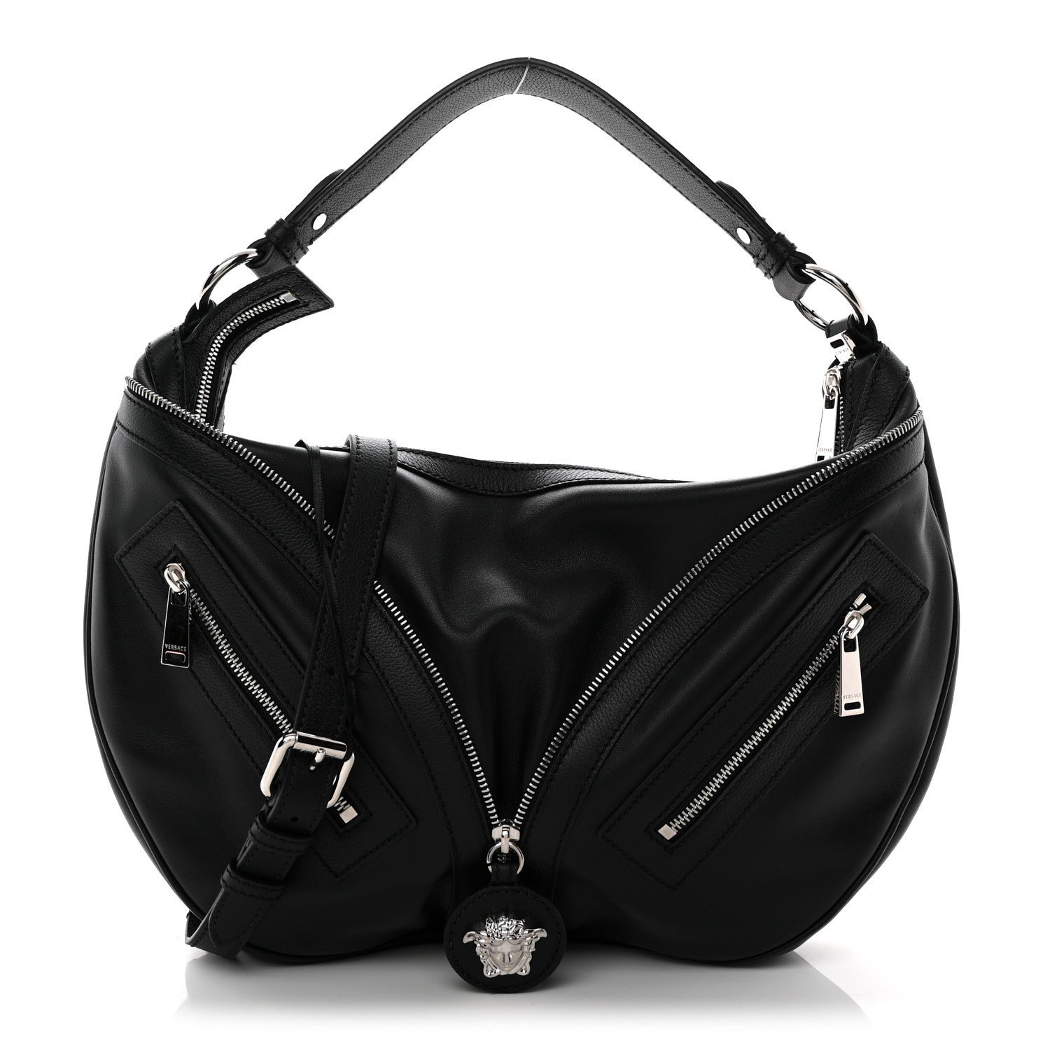 Versace Calfskin Small Repeat Zip Hobo Black