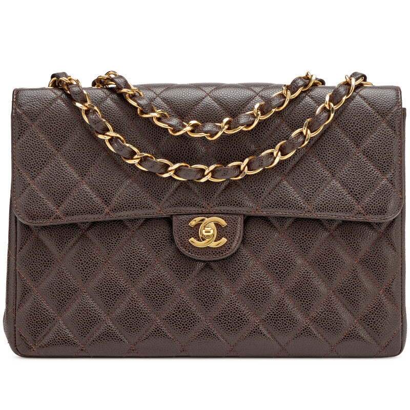 Vintage Chocolate Brown Quilted Caviar Square Classic Jumbo Single Flap Bag Gold Hardware, 2002-2003