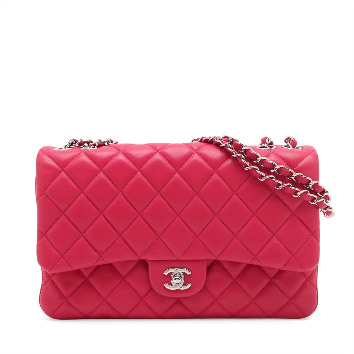 Chanel Matelasse Lambskin Single Flap Double Chain Bag Pink Silver Metal Fitting