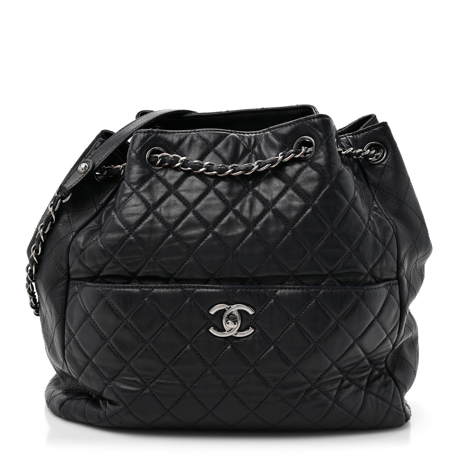 Chanel Lambskin Quilted Large Drawstring Shoulder Bag Dark Purple