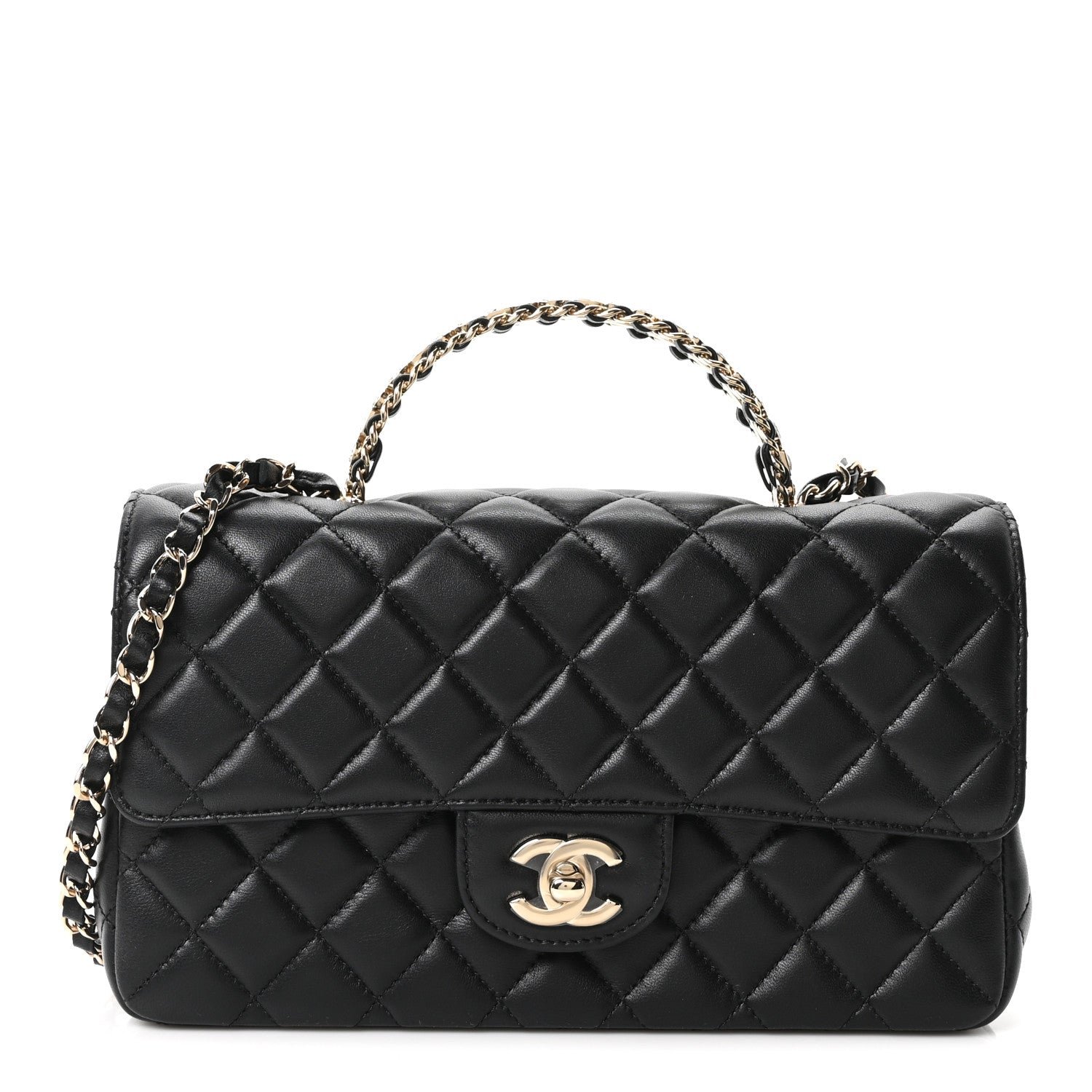 Chanel Lambskin Quilted Crystal Top Handle Small Rectangular Flap Black