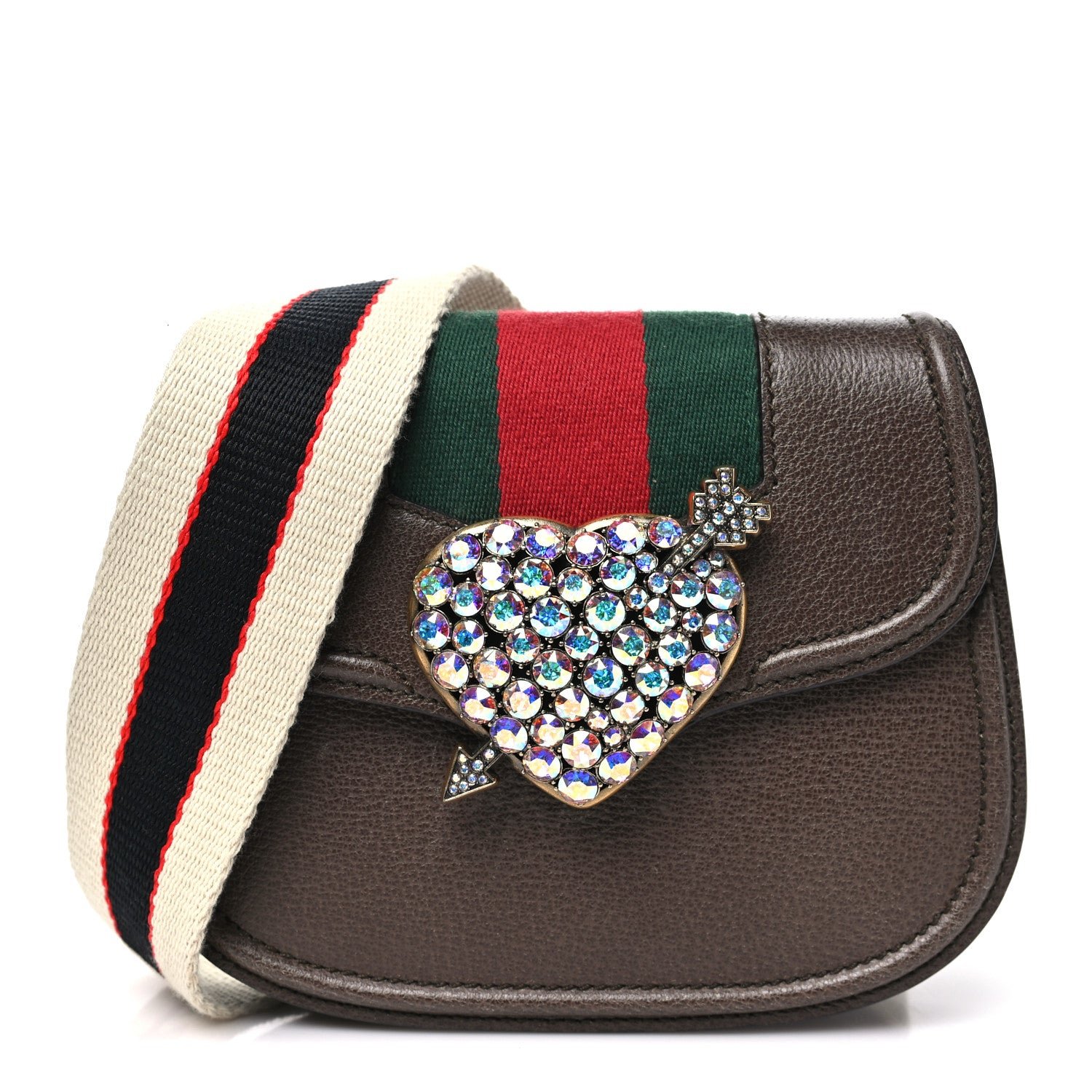 Gucci Textured Calfskin Web Crystal Heart Stripe Small Totem Shoulder Bag New Acero