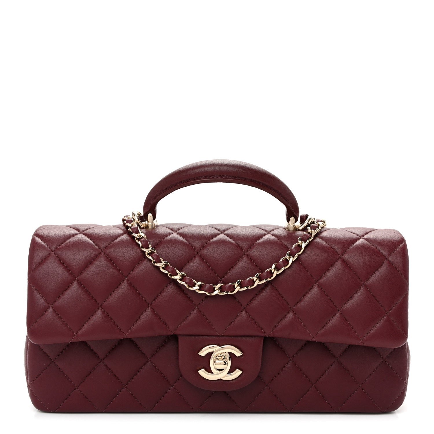Chanel Lambskin Quilted Top Handle East West Flap Dark Burgundy