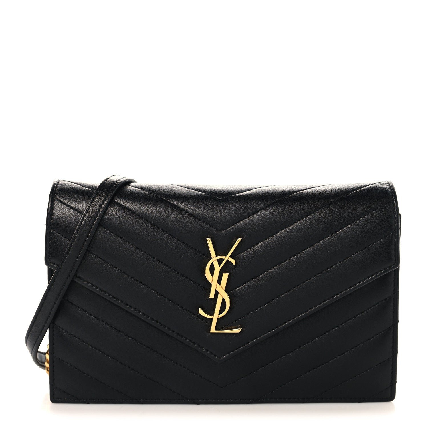 Saint Laurent Calfskin Matelasse Chevron Monogram Envelope Chain Wallet Black