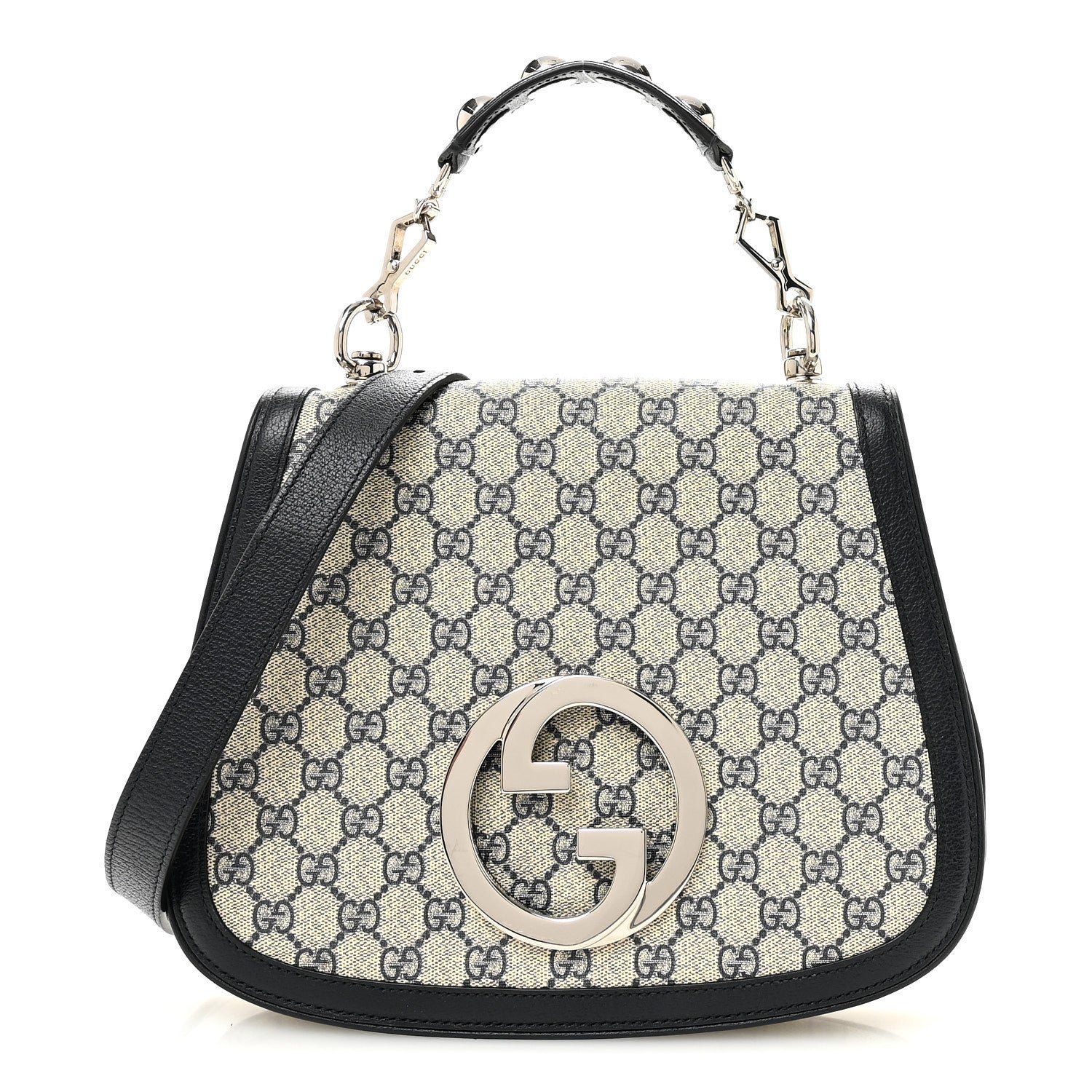Gucci GG Supreme Monogram Textured Dollar Calfskin Web Medium Blondie Top Handle Shoulder Flap Bag Beige Blue