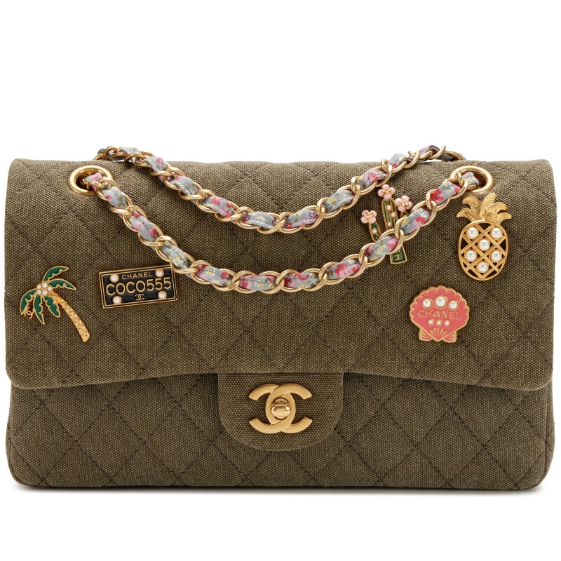 Khaki Quilted Canvas Coco Cuba Charms Medium Classic Double Flap Bag Aged Gold Hardware, 2017