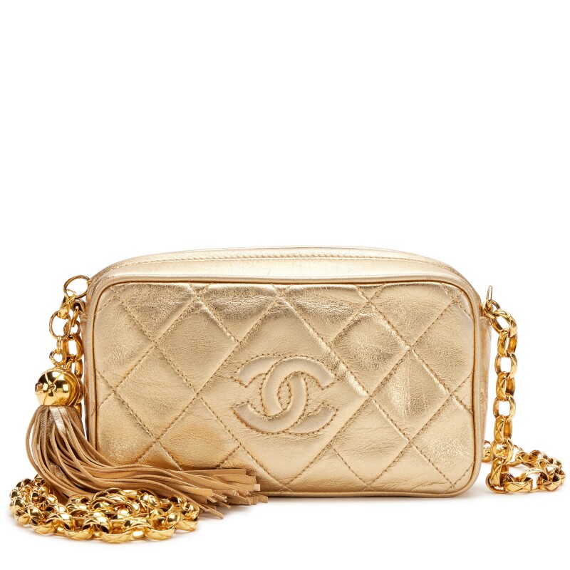 Vintage Gold Quilted Lambskin Mini Camera Tassel Bag Gold Hardware, 1991-1994
