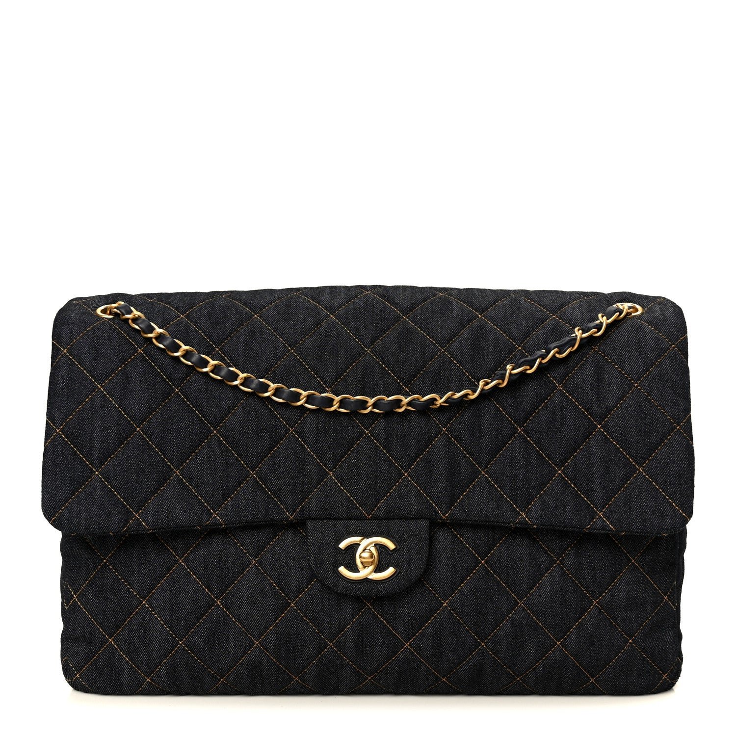 Chanel Denim Quilted XXL Travel Flap Bag Dark Blue Orange