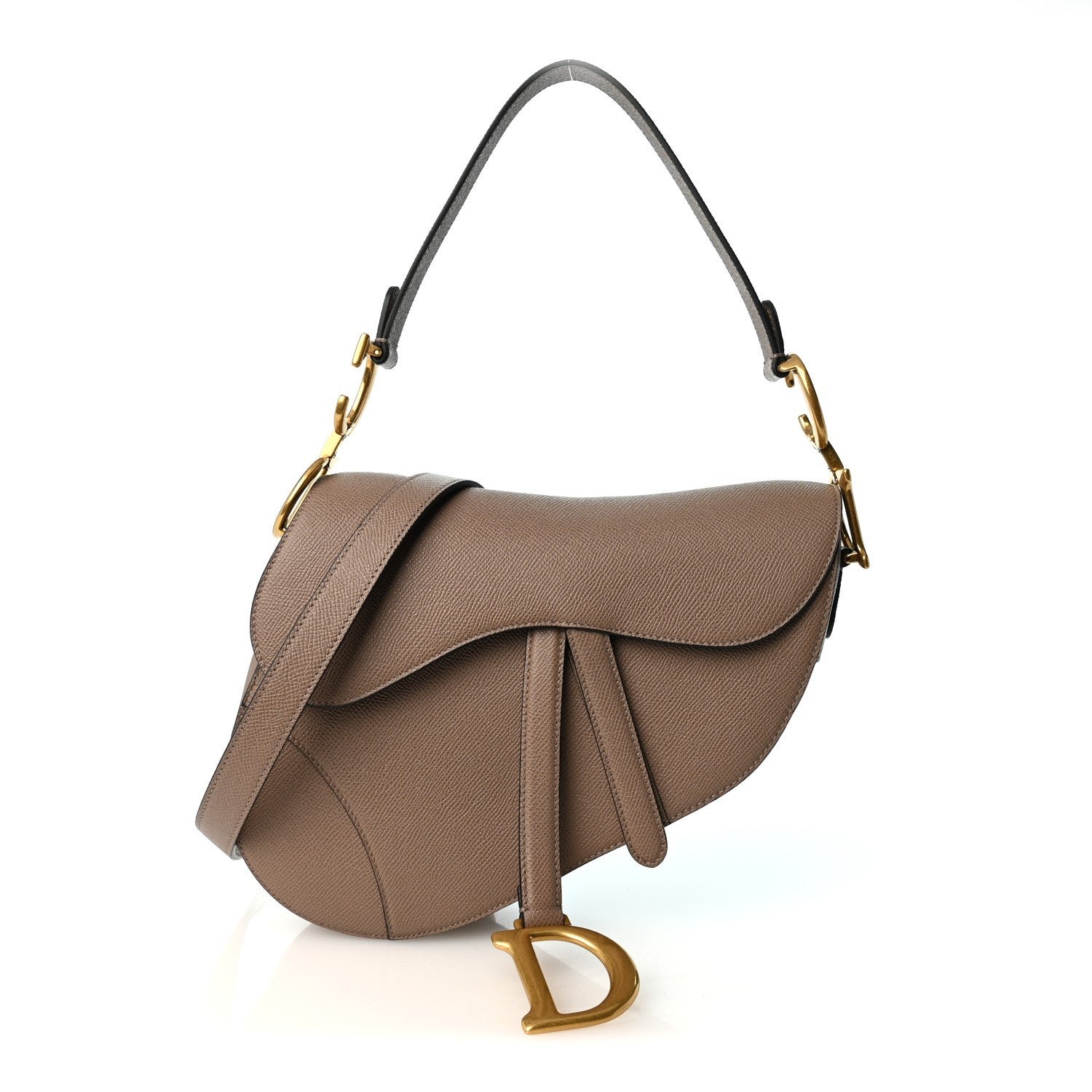 Christian Dior Grained Calfskin Saddle Bag With Strap Warm Taupe