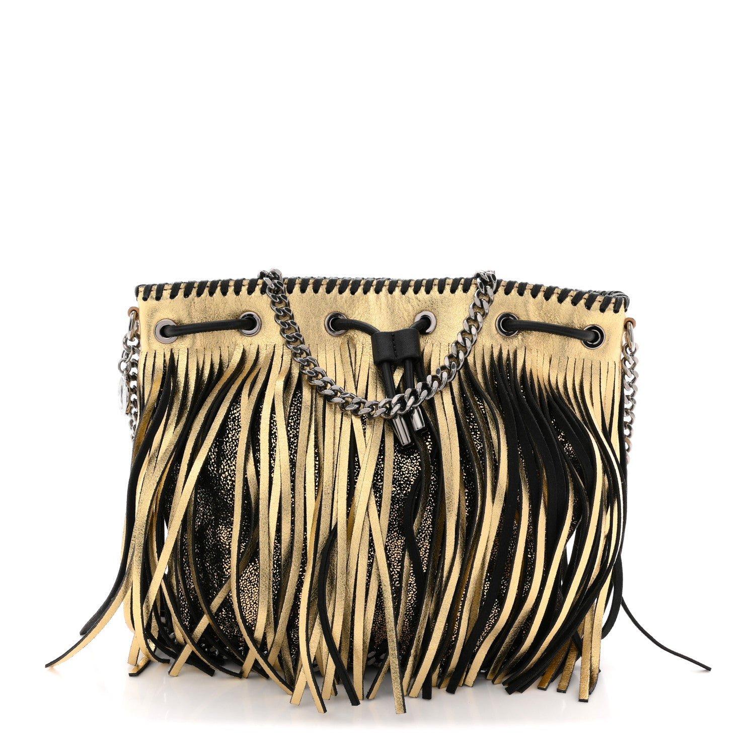 Stella McCartney Metallic Shaggy Deer Fringe Falabella Bucket Bag Gold Black