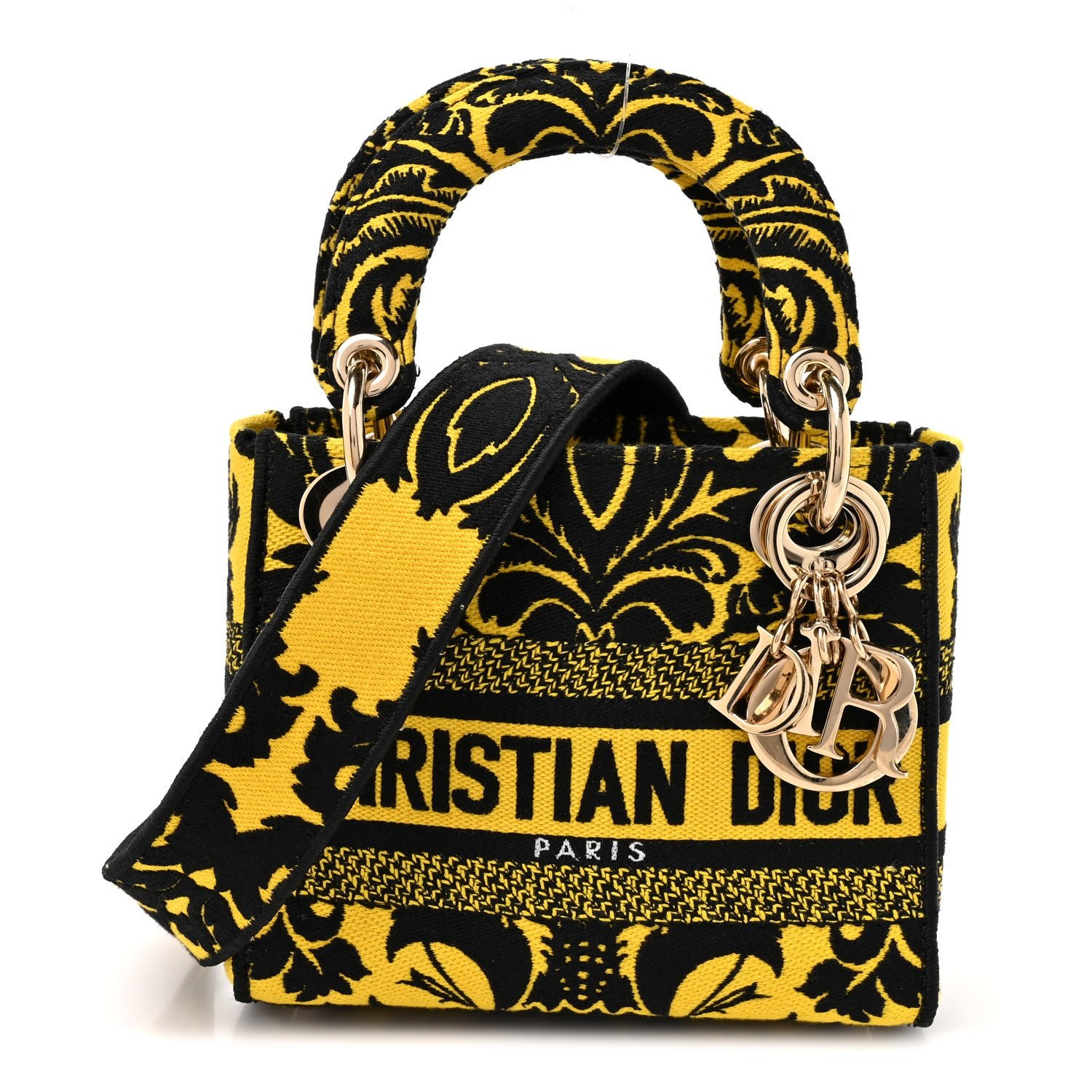 Christian Dior Canvas Petites Fleurs Embroidered Mini Lady D-Lite Black Yellow