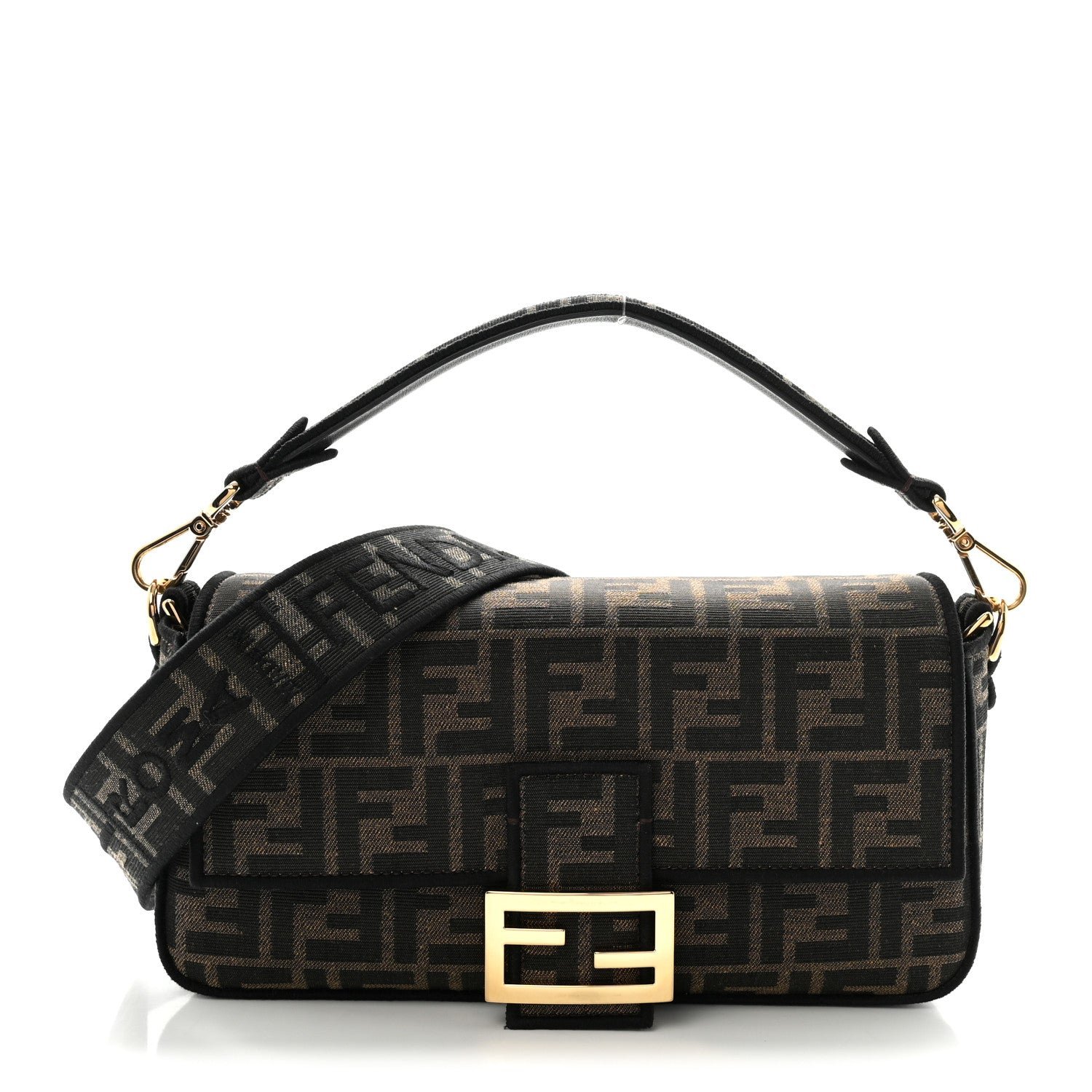 Fendi Fabric Jacquard FF 1974 Medium Baguette Tobacco Moro Black