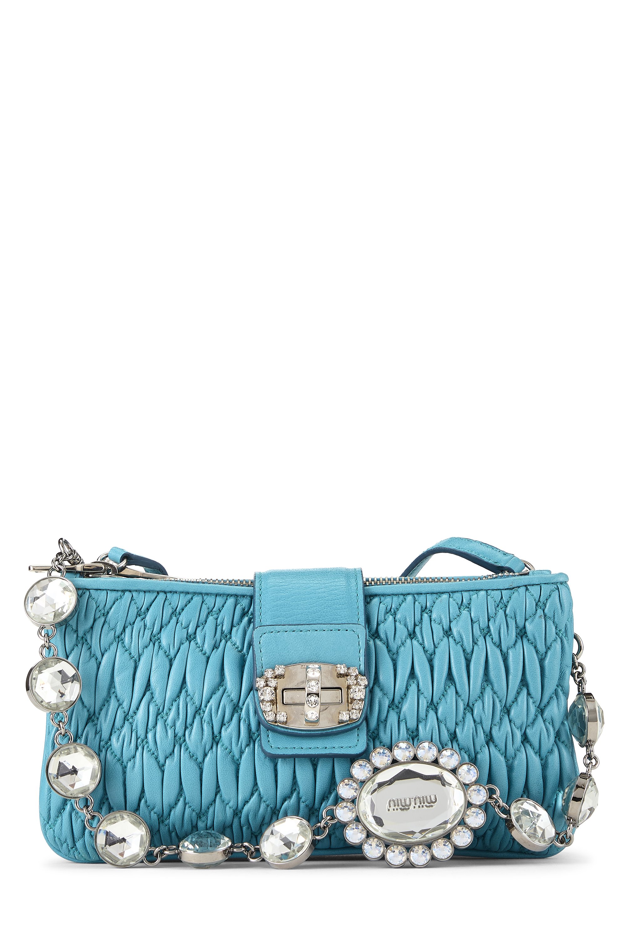 Miu Miu Blue Nappa Crystal Flap Clutch With Chain