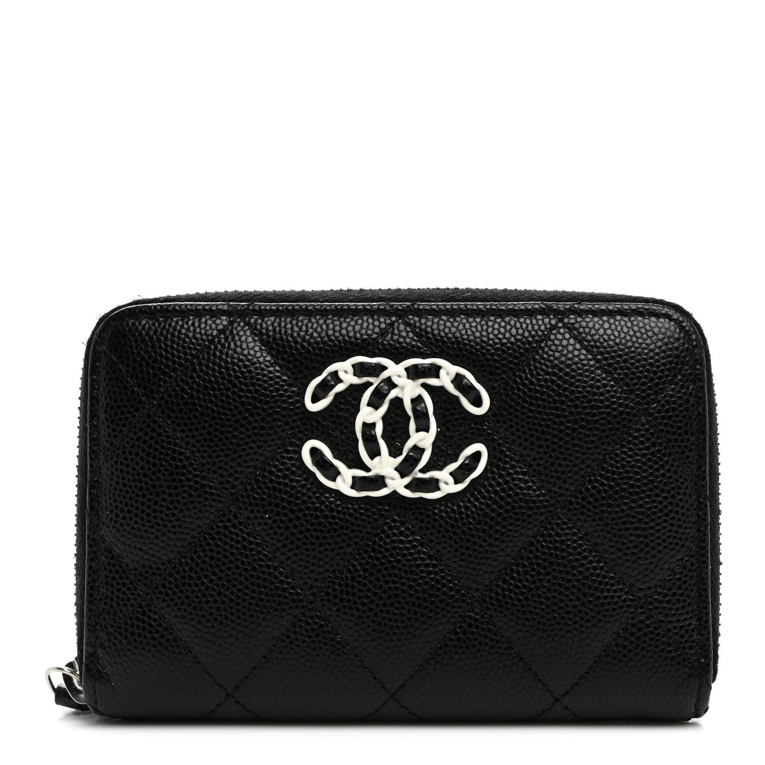 Chanel Caviar Quilted Chanel 19 Zip Around Coin Purse Wallet Black White
