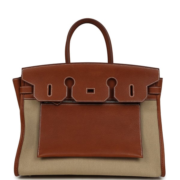 Hermes Hermes Birkin 35 A L'Envers Ficelle-Ecru H Dyed Canvas and Fauve Barenia Faubourg Palladium Hardware