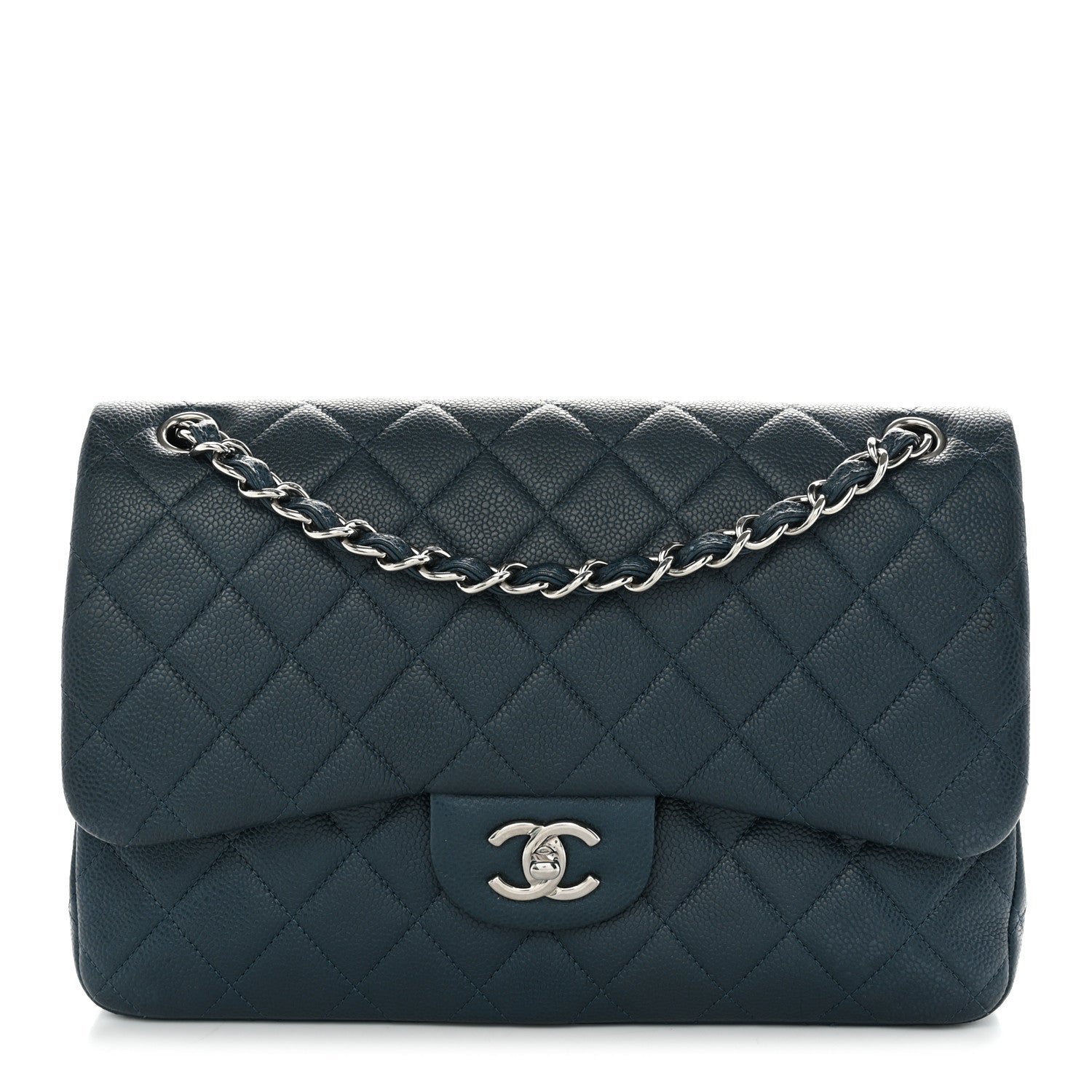 Chanel Metallic Caviar Quilted Jumbo Double Flap Dark Blue