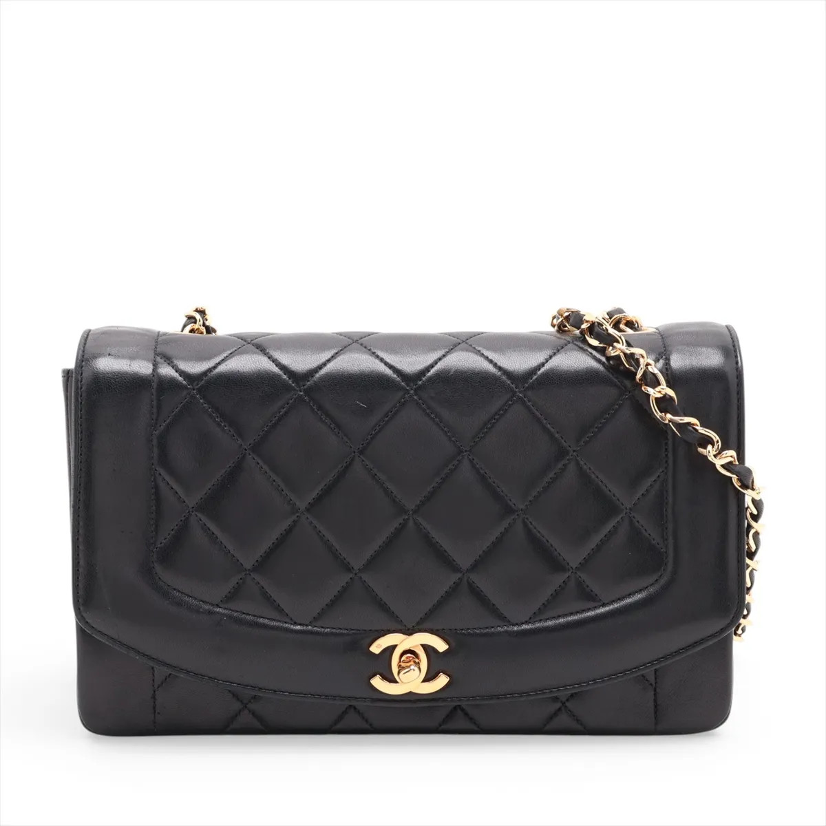 Chanel Matelasse Lambskin Single Flap Single Chain Bag Diana Flap Black Gold Met