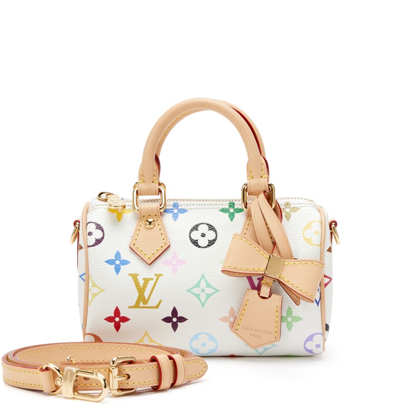 Louis Vuitton Takashi Murakami White Multicolore Monogram Coated Canvas Nano Speedy Gold Hardware, 2025