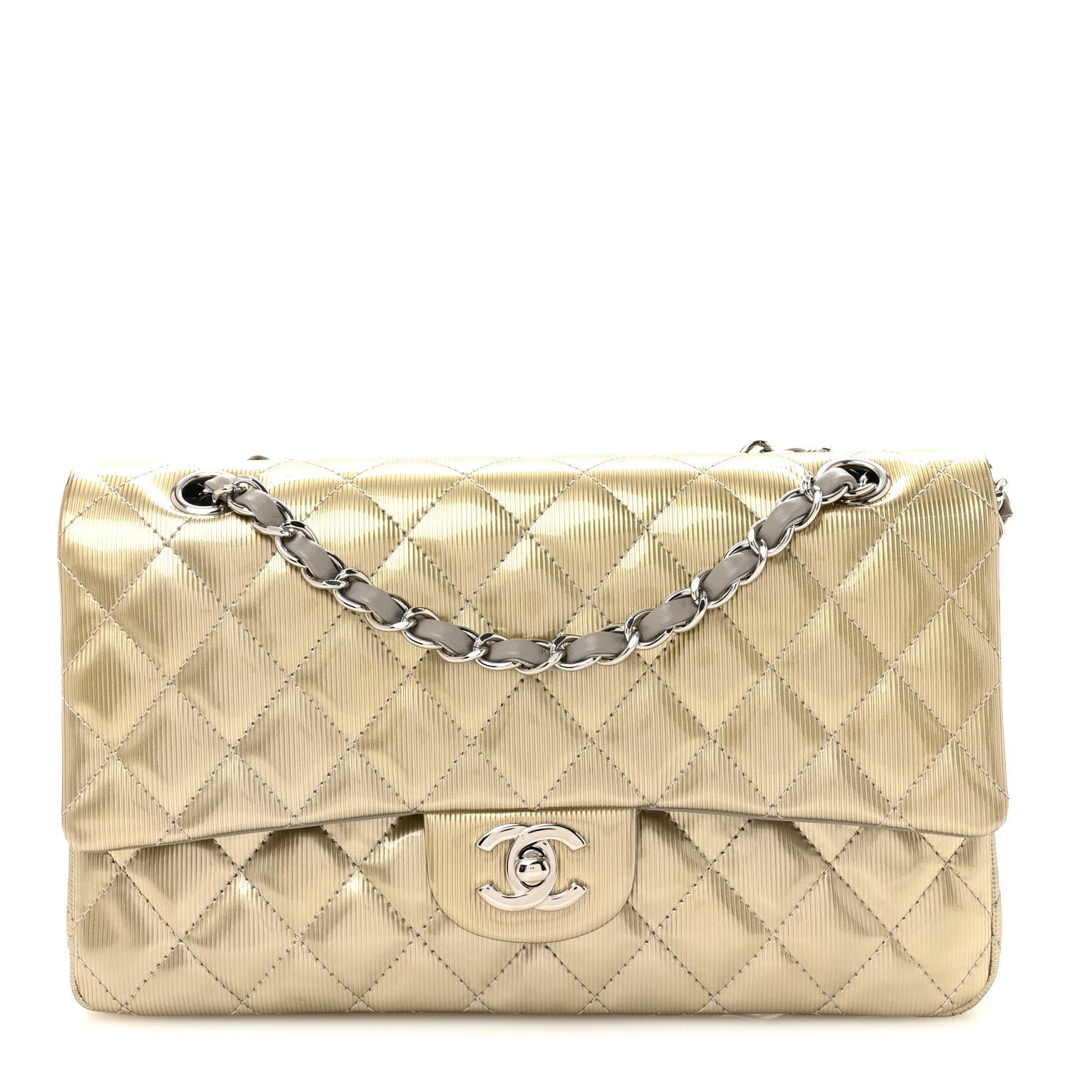 Chanel Striated Patent Quilted Medium Double Flap Gold