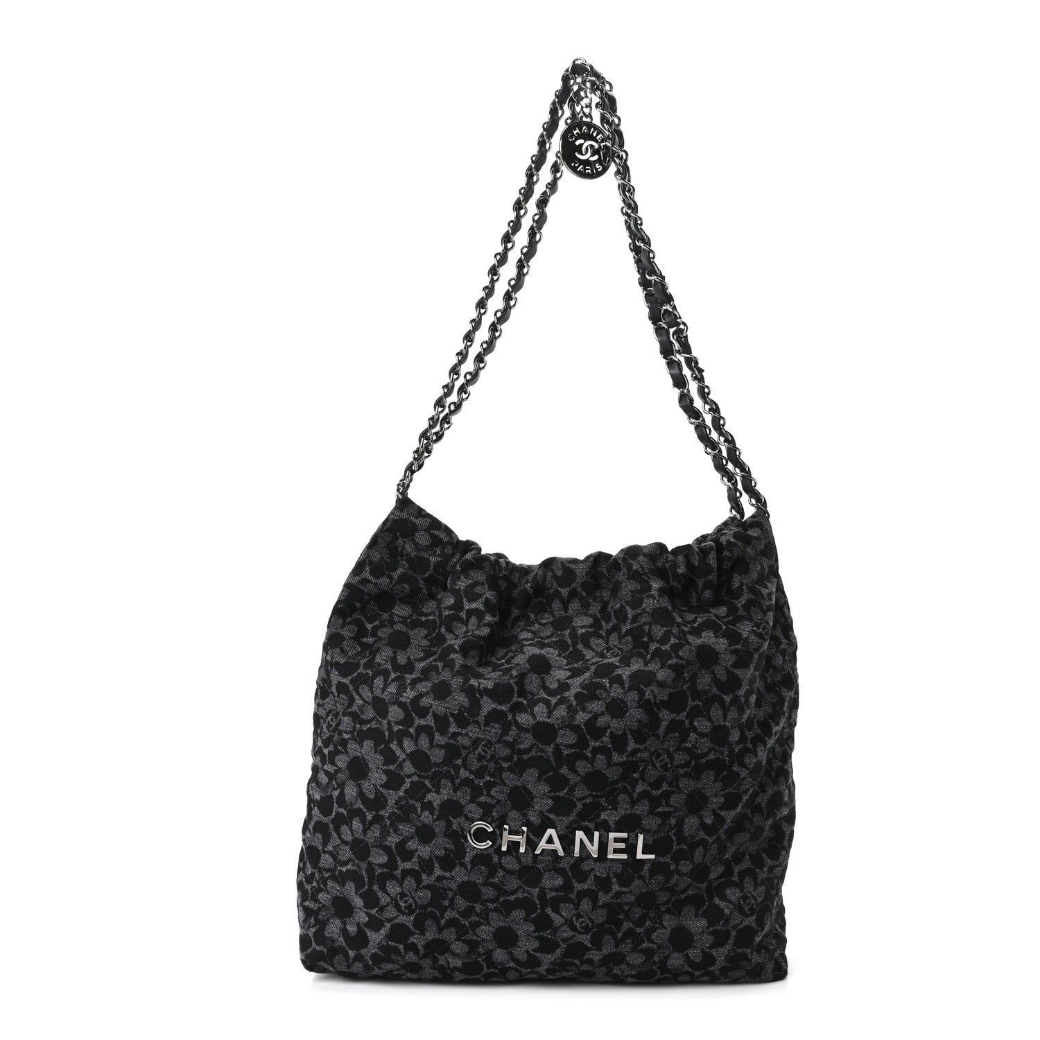 Chanel Denim Quilted Floral Print Small Chanel 22 Black