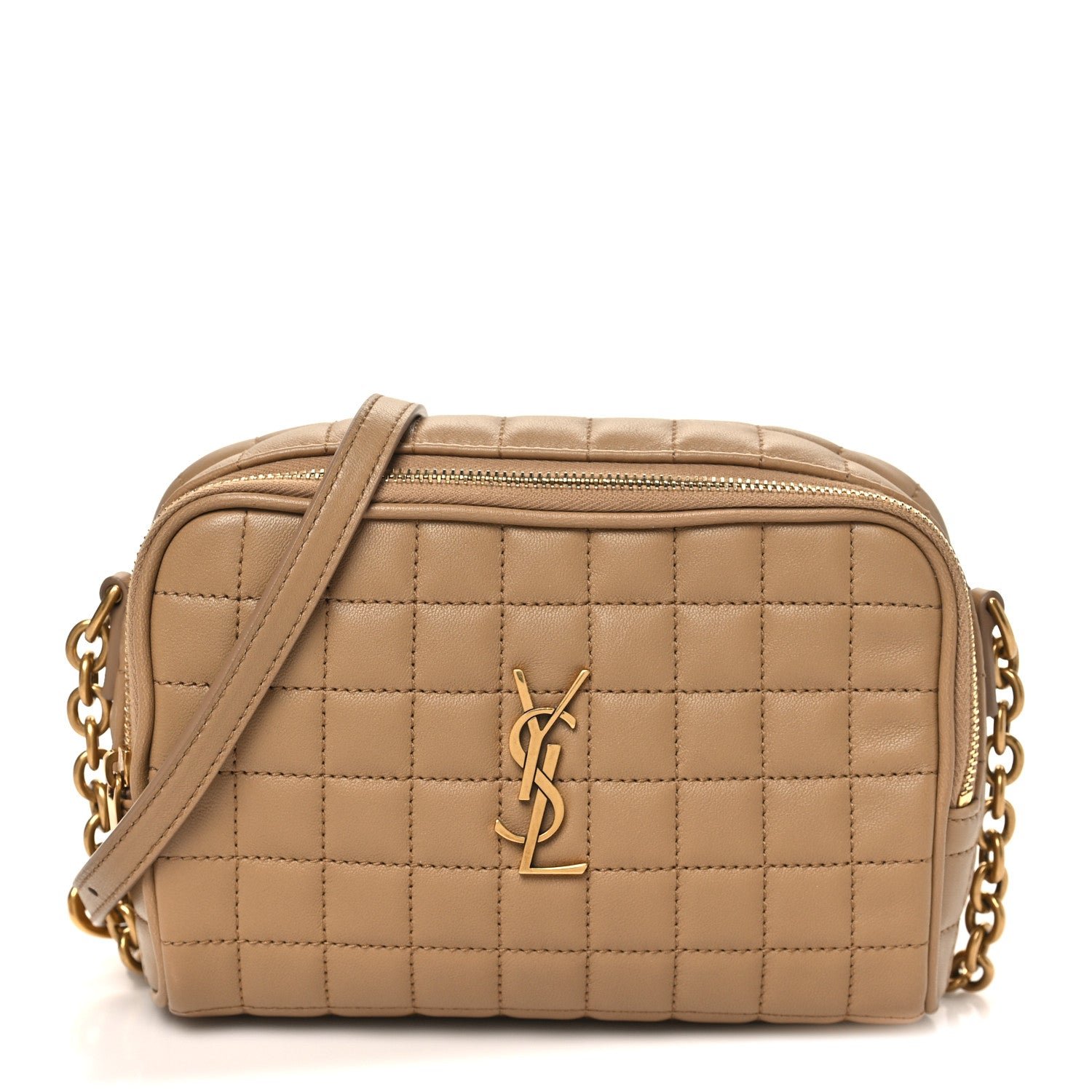 Saint Laurent Lambskin Carre Quilted Cassandre Mini Camera Bag Natural Tan