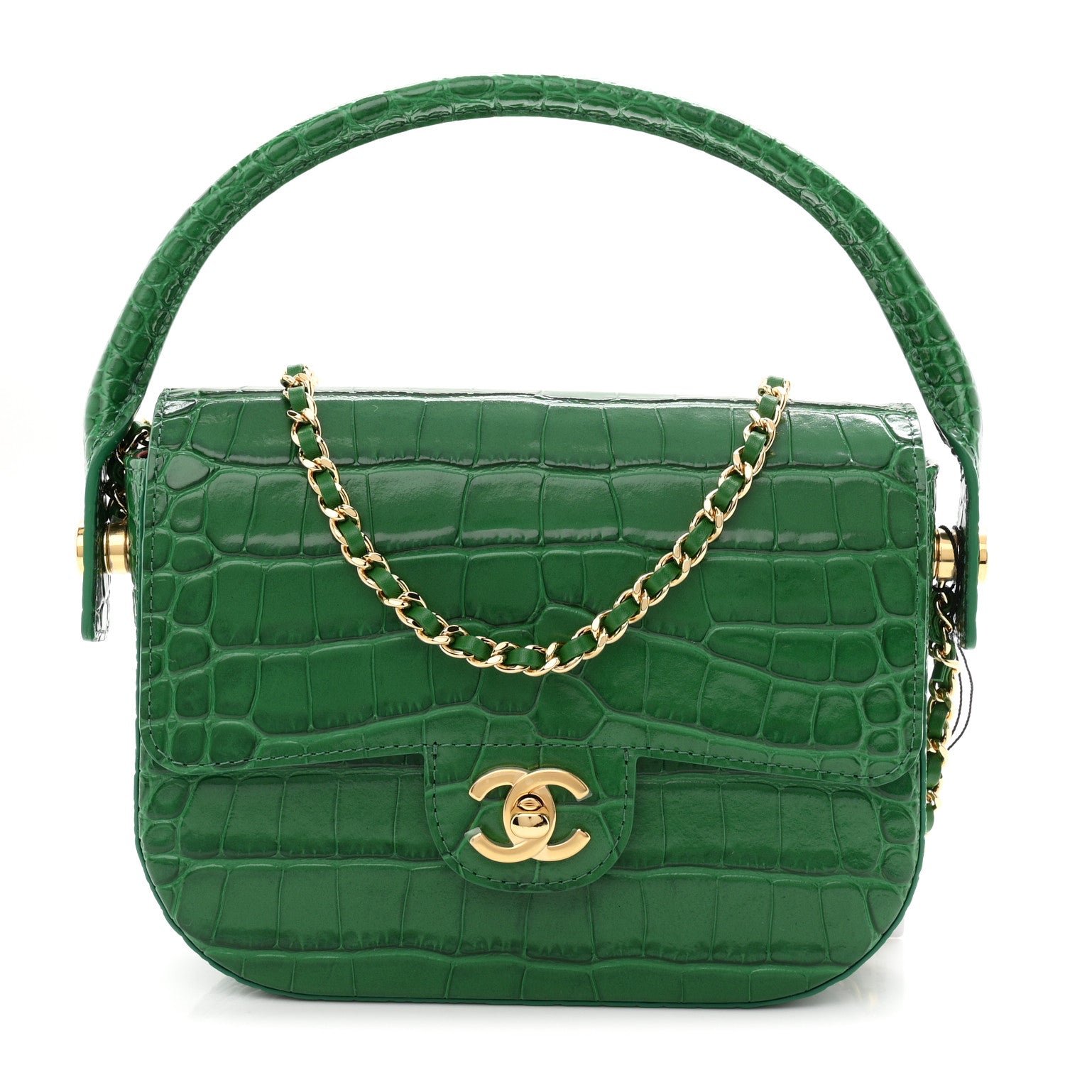 Chanel Calfskin Crocodile Embossed Turn Around Mini Flap Emerald