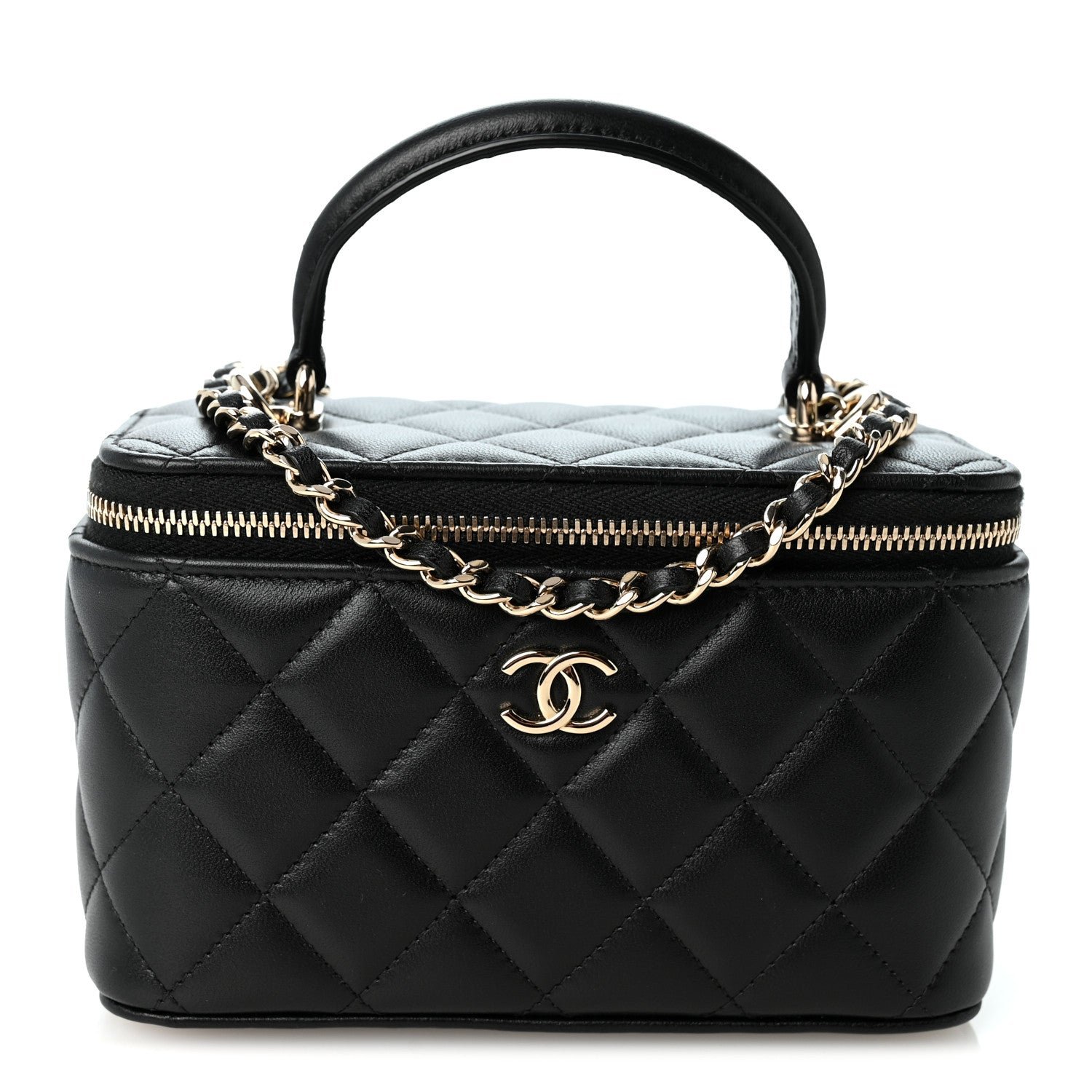 Chanel Lambskin Quilted Small Top Handle Vanity Case With Chain Black
