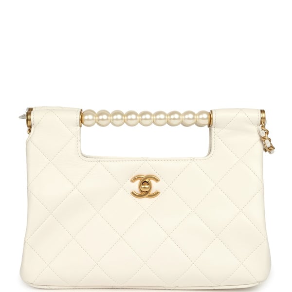 Chanel Pearl Top Handle Small Shopping Bag White Shiny Lambskin Brushed Gold Hardware