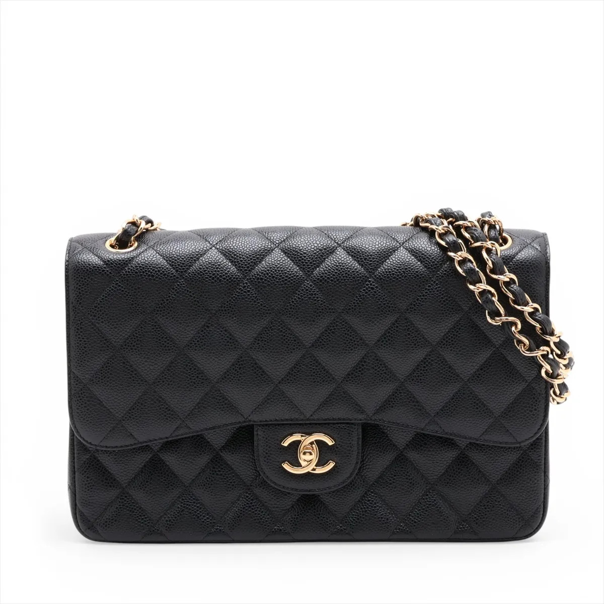 Chanel DEKAMATRASSE 30 Large Caviar Skin Double Flap Double Chain Bag Black Gold