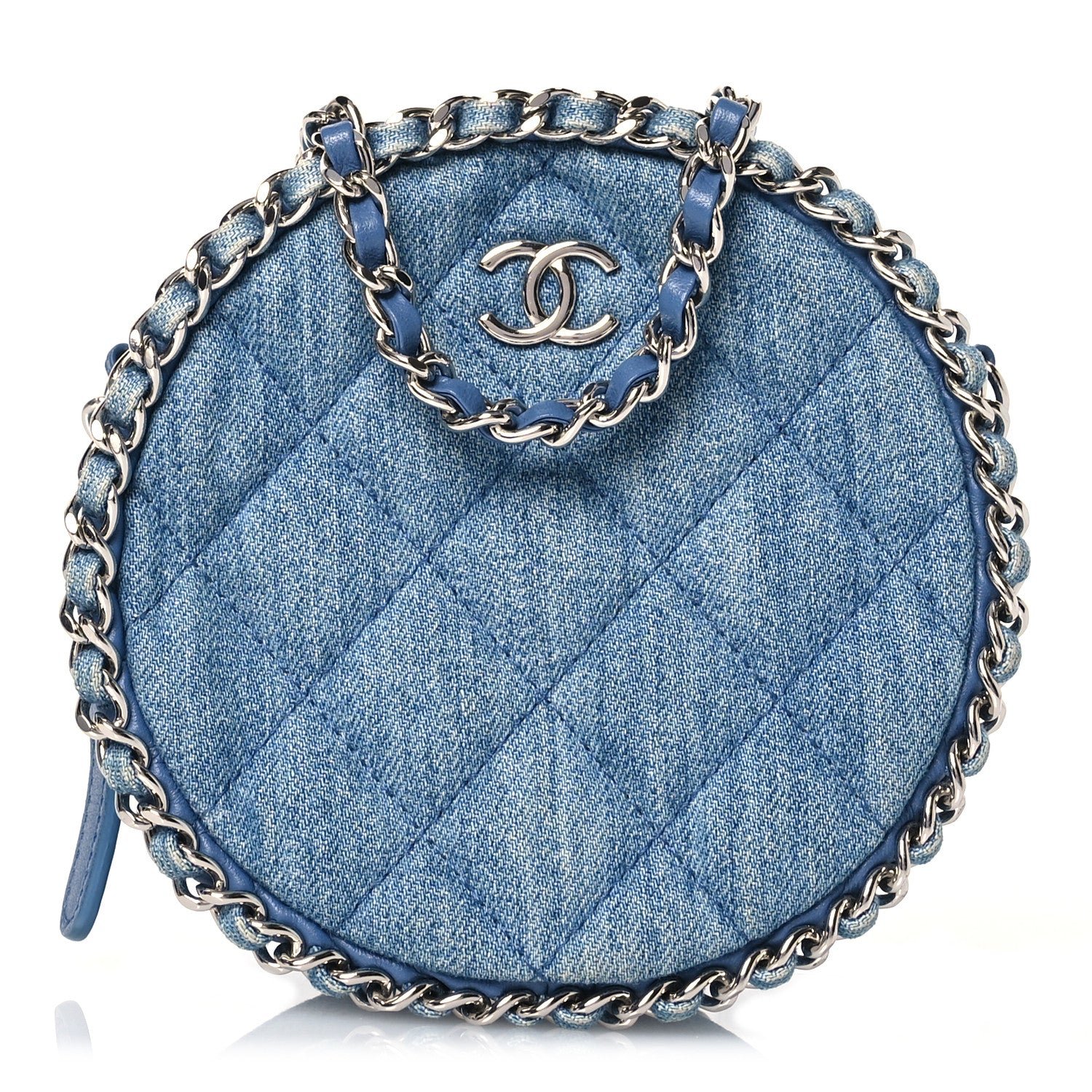 Chanel Denim Quilted Round Clutch With Chain Blue