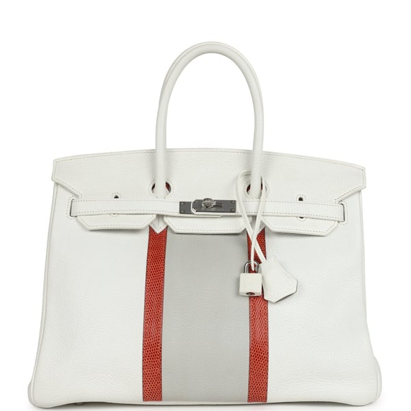 Hermes Pre-owned Hermes Birkin Club 35 White and Gris Perle Clemence and Sanguine Lizard Palladium Hardware