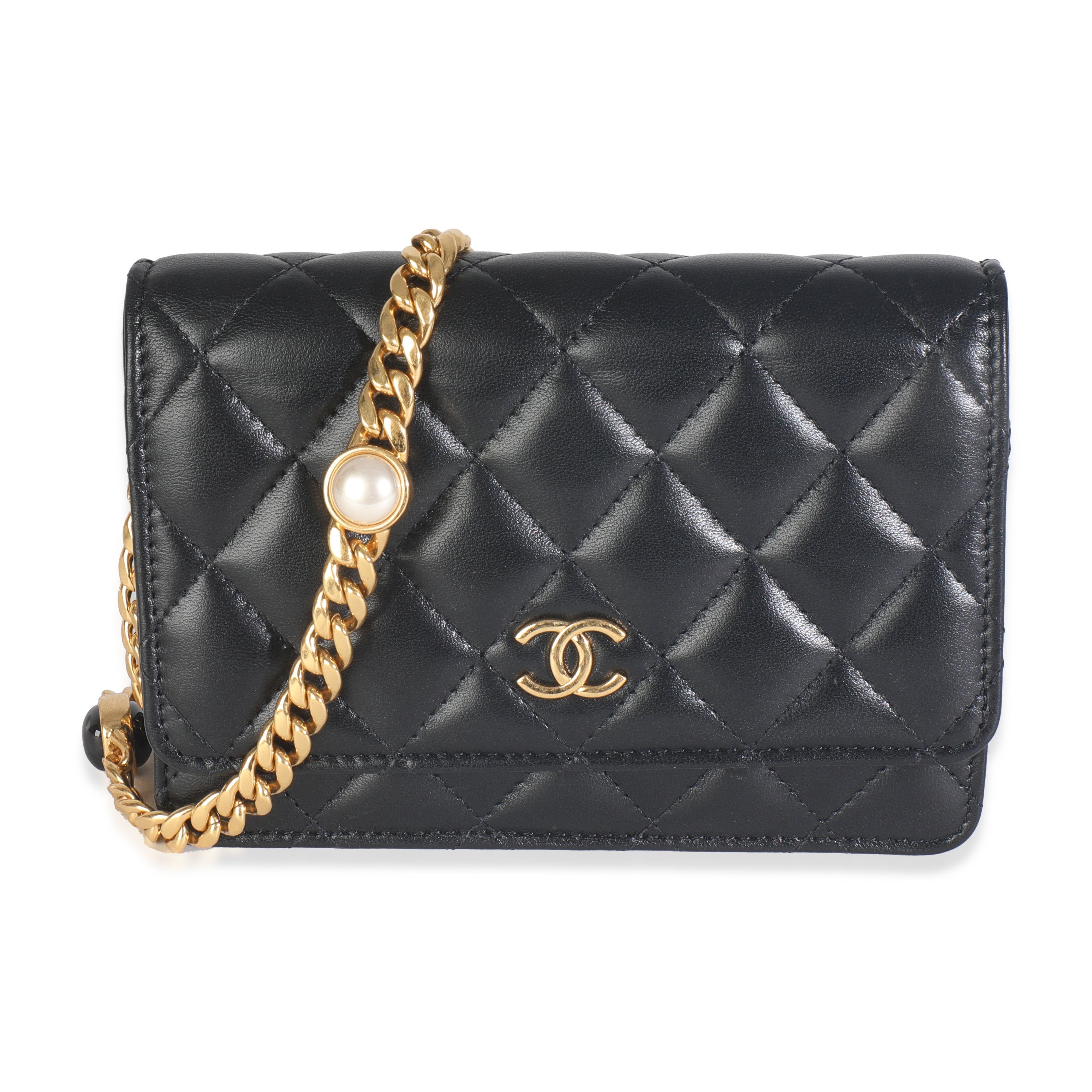 Chanel Black Quilted Lambskin CC Pearl Enamel Clutch On Chain