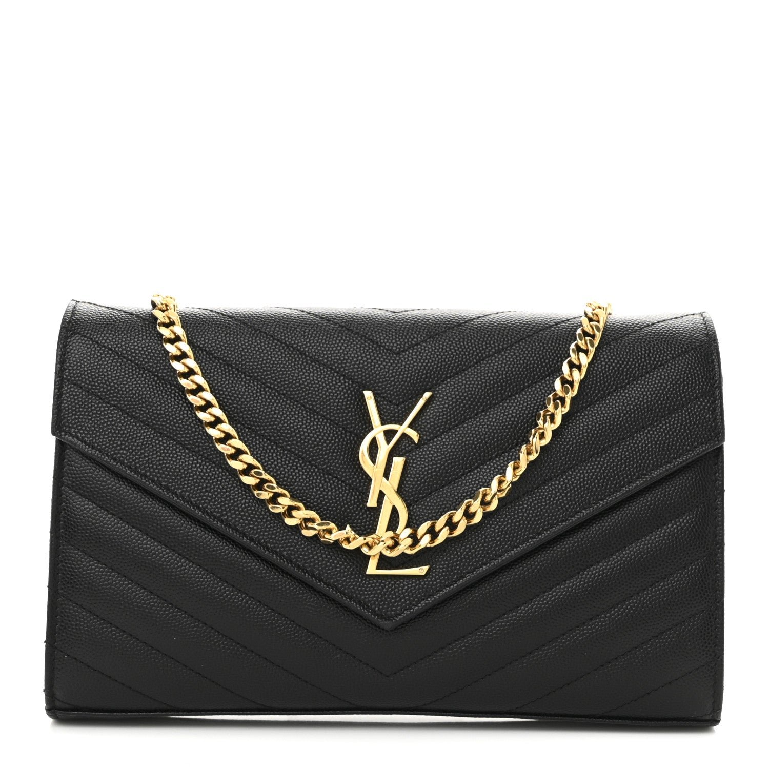 Saint Laurent Grain De Poudre Matelasse Chevron Monogram Chain Wallet Black